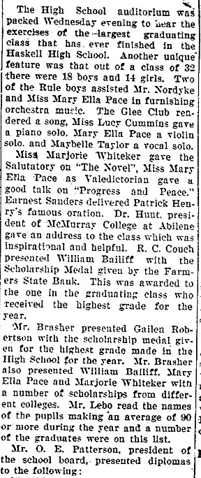 Closing Exercises Haskell High School, 1923, Haskell County, Texas