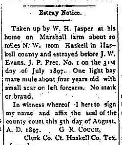 1897 Estray Notice, Haskell Free Press, Haskell County, Texas