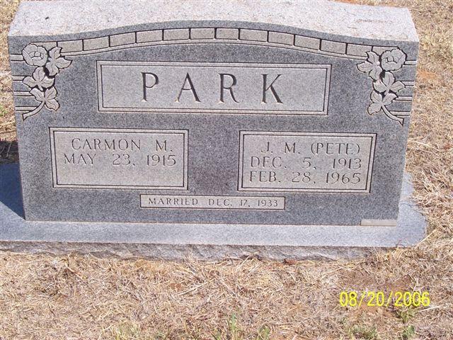 Tombstone of J. M. Park (1913-1965) and Carmon M. Park (1915- )