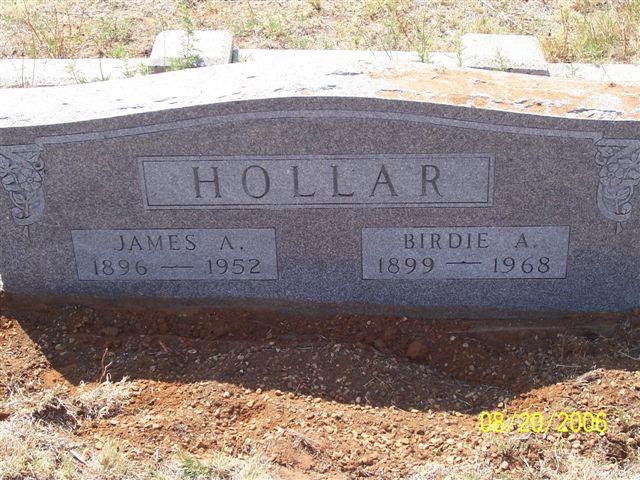 Tombstone of James A. Hollar (1896-1952) and Birdie A. Hollar (1899-1968)